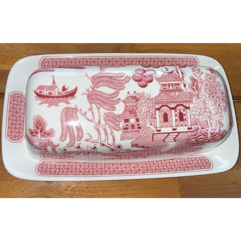 Churchill of England Pink Rosa Willow Covered Butter Dish with Lid Red 8”